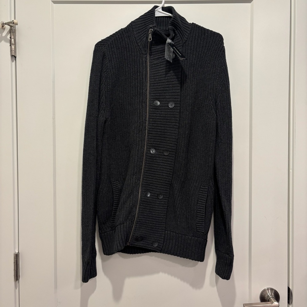 NWT Express Mens Dark Gray Full Zip Button Front Knit Asymmetrical Cardigan S